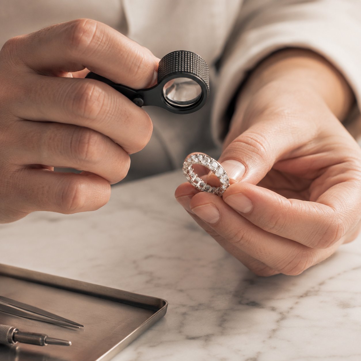 Channel-set diamond eternity band — machine manufactured